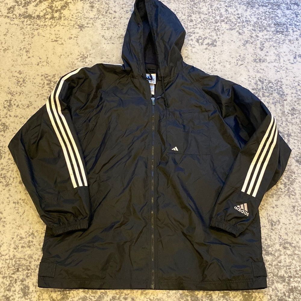 VTG Adidas Windbreaker Jacket size XL 3 stripes on sleeve big spell out on back